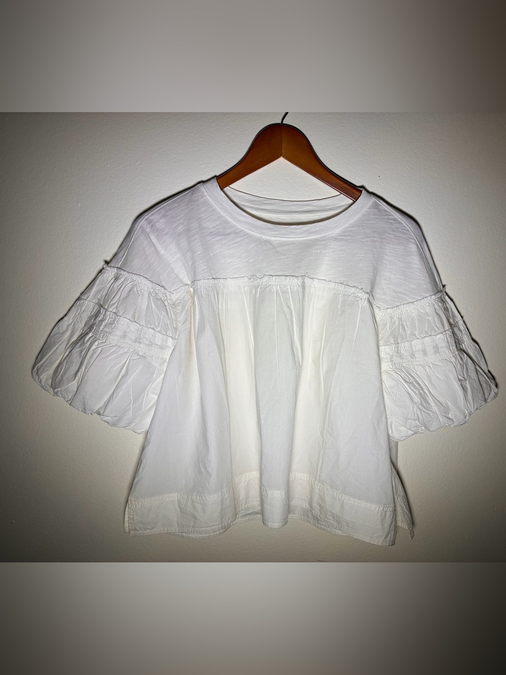 Pilcro Reworked Ruffle Sleeve Top White Cotton Puff Sleeve Mixed Media Blouse S - Picture 7 of 10